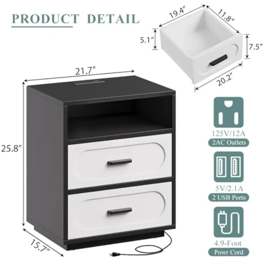 25.8 Tall 2-Drawer Nightstand with Charging Station for Bedroom, Wood, White, Built-in USB Ports and Wireless Charging