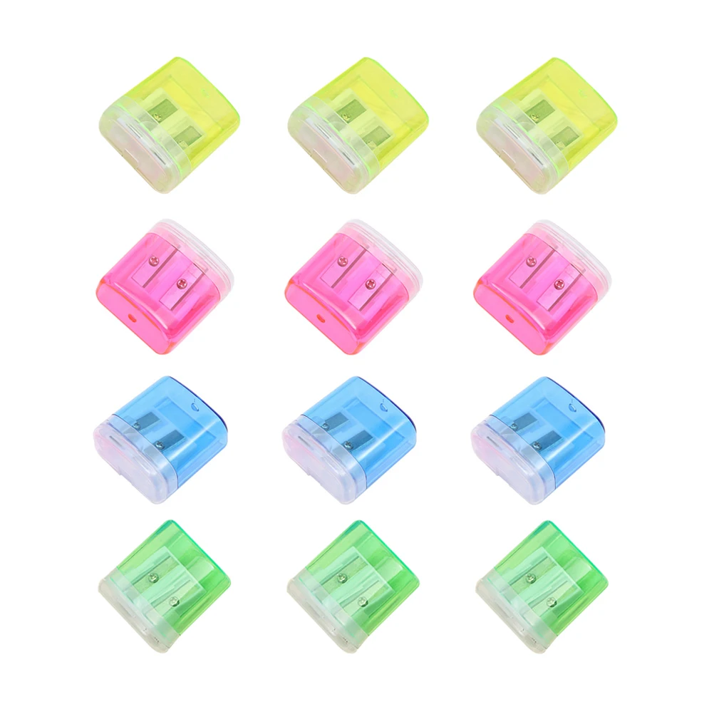 Taille-crayon en plastique à double trou, 12 pièces, plateau de copeaux Transparent anti-déversement, fourniture de papeterie Portable pour enfants étudiants