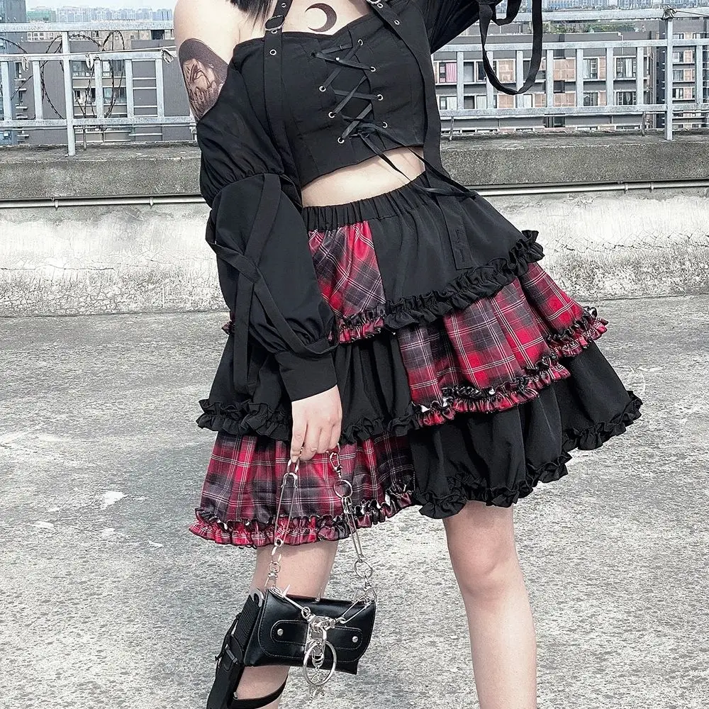 

Ruibbit Gothic Lolita Dark Punk Harajuku Red Plaid High Waist A-line Skirt Rock Hot Girl Half Length Short Skirt Y2k