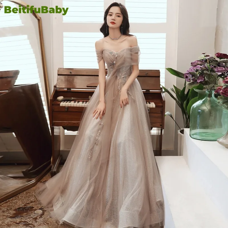 

BeitifuBaby Vintage Evening Dress for Women Lace-up Appliques Off The Shoulder Sleeveless Palace Style Ball Gown Party Dresses