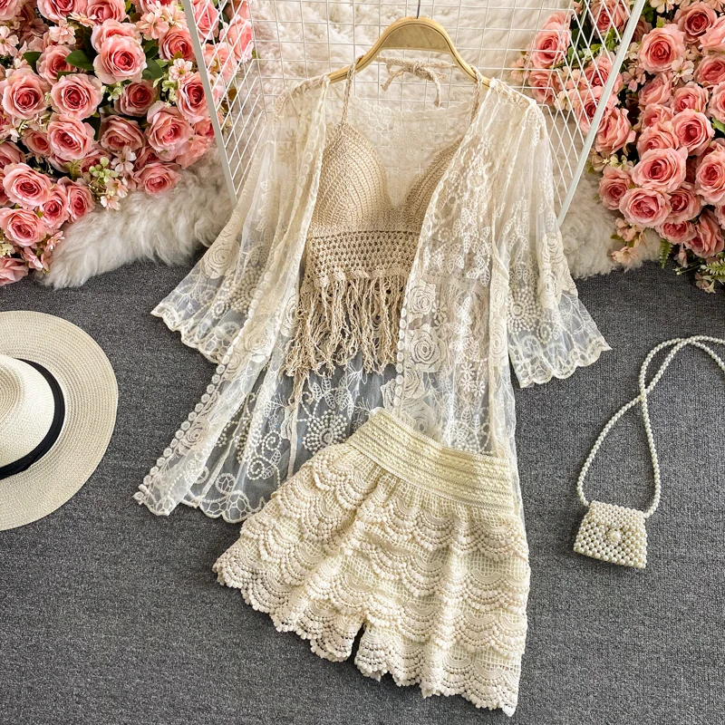 Korean Casual 3 Pieces Set Lace Crochet Lady Bohemian Camis Shorts Cover Tops Suits Summer Beach Holiday Vacation Chaming Sets