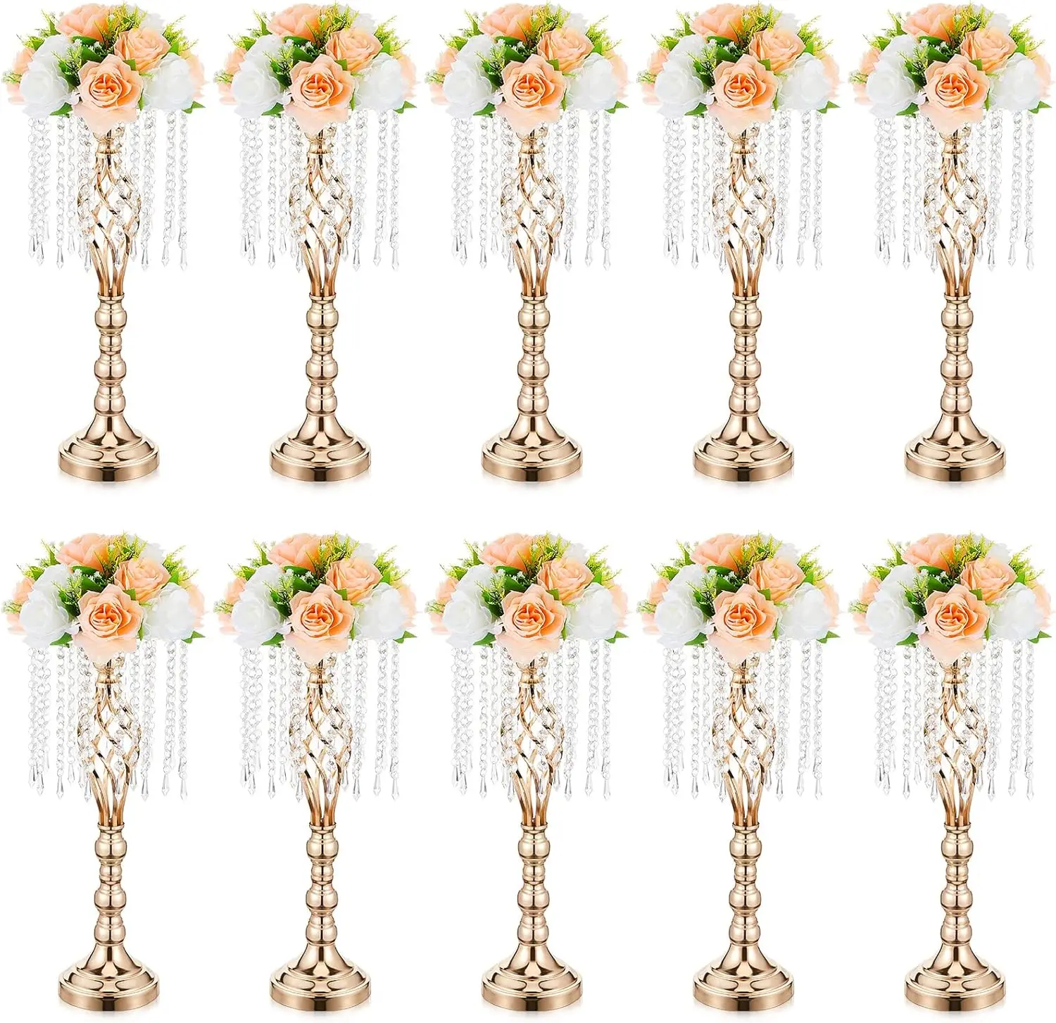 Amylove 10 Pcs 21.7 Inches Gold Crystal Wedding Centerpieces for Tables with Metal Chandelier Holder Stand