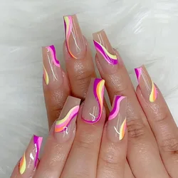 Fashion New Women Girls 24Pcs/Set Long Ballet French Colorful Striped Printed Full Coverage Wearable Fake Nail Press on Nail Art