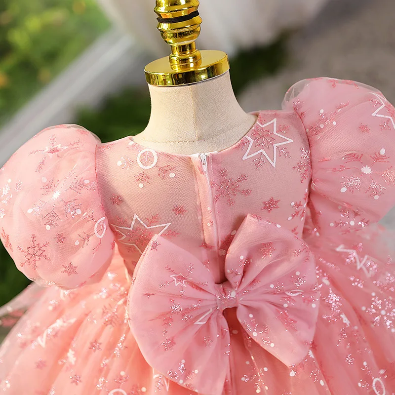 

Girls' Dress Summer High-End Children's Pink Flower Girl Wedding Little Girl's First Birthday Princess Dress Piano Performance