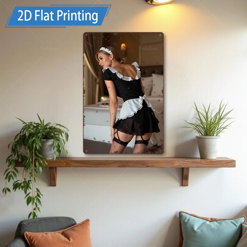 Targa in metallo da 1 pezzo, 4x16 pollici "Arte da parete con stampa piatta 2D in stile cameriera vintage per la decorazione domestica"