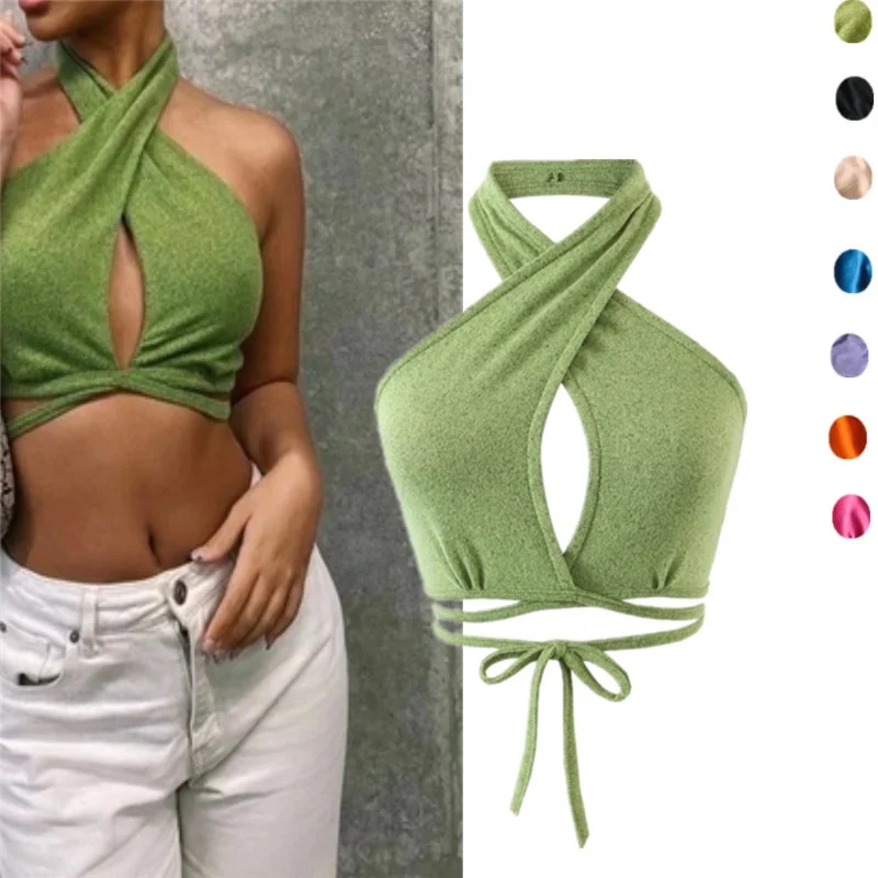 เสื้อครอปเซ็กซี่แบบเว้าไขว้สำหรับสาวทันสมัย ทรงเข้ารูป สายเดี่ยว สไตล์สตรีท สีพื้น เรียบง่าย เหมาะกับฤดูร้อน