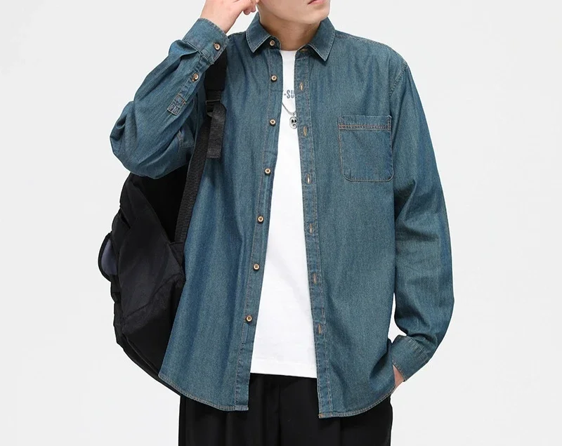 GELITAYIN  Spring And Autumn Men's Cotton Japanese Denim Shirt Fashion Solid Color Cardigan Versatile Casual Men's Shirt Coa