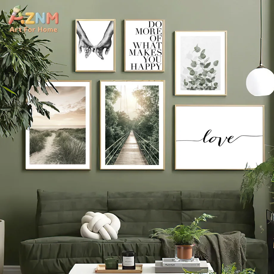 AZNM Neutral Boho Canvas Print Forest Bridge Beach Eucalyptus Hand Sketch Love Inspirational Text Minimalist Living Room Wall Po