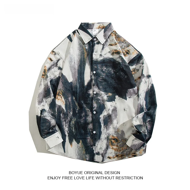 

Мужская повседневная футболка Boyue Long Sve с принтом, свободного кроя, модная, молодежная, осенне-весенняя, винтажная, с эффектом масляной живописи