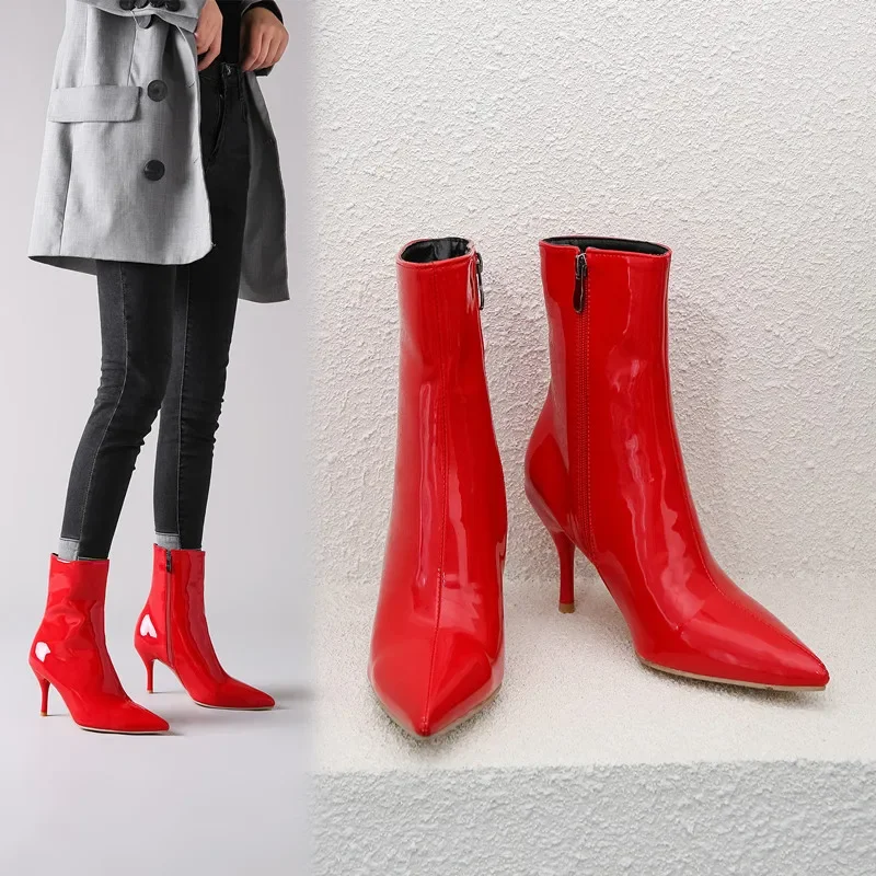 The New Patent Leather Ankle Boots Women Winter Autumn Square High Heel Zipper Boots Pointed Toe Woman Shoes White Red Black 39