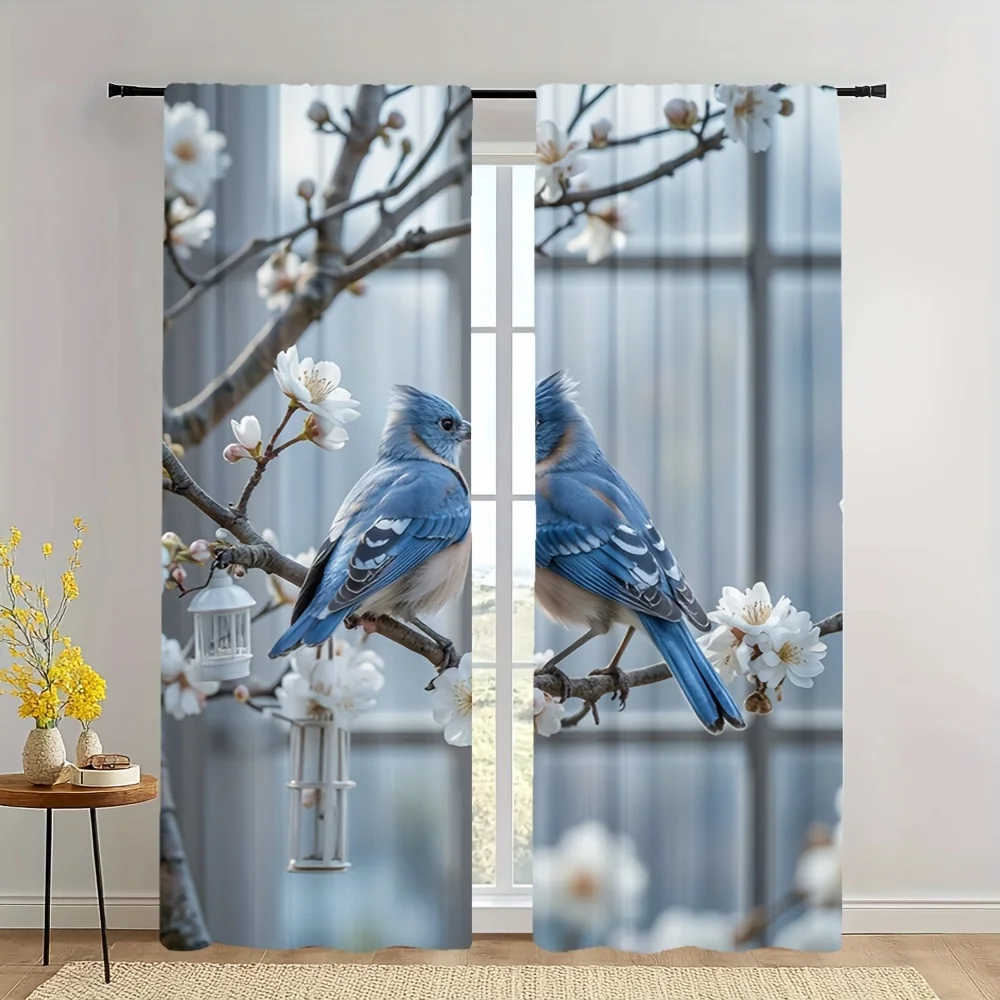 2-Pack Bluebird White Flower Door Curtains - Simple Design, Suitable for Bedroom, Living Room, Polyester Machine Washable