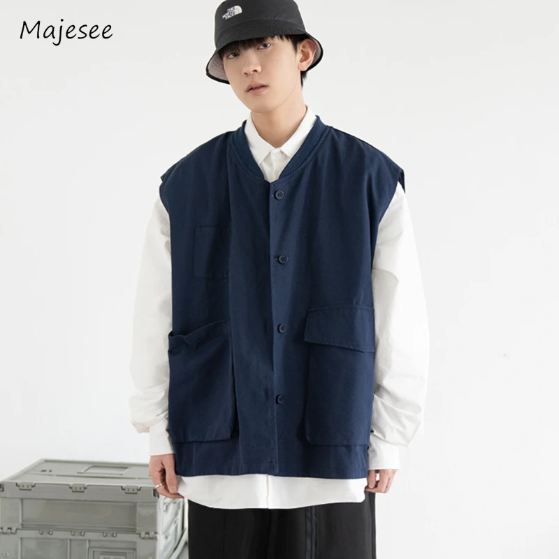 

Vests Men Multi Pockets Japanese Style Vintage Minimalist Summer All-match Harajuku High Street Males Overcoats Fashion Simple