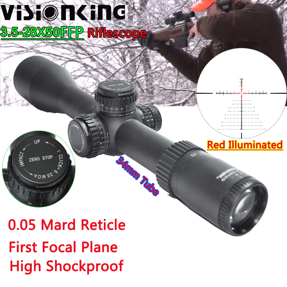 Visionking 34mm Tube 3.5-28x50 FFP Hunting Riflescope Zero Stop IR Illuminated Long Range Side Focus Tactical Sniper Sight Scope