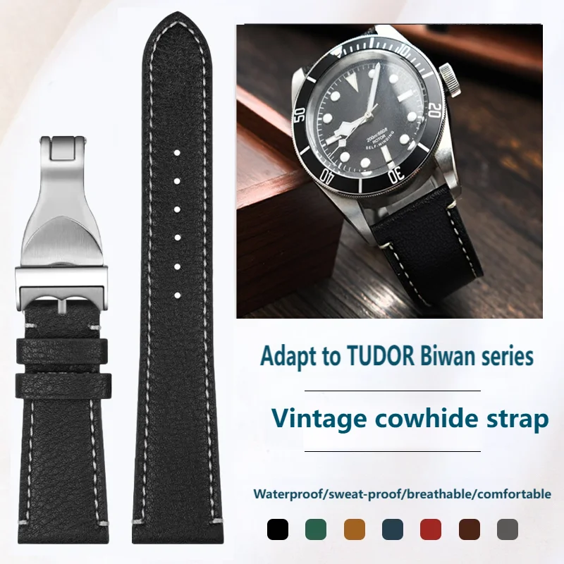 

22 20mm For Tudor 1958 Biwan M79250BA M79250 79363 men Brown Cowhide Chain Genuine Leather Watch Band Folding Clasp accessories