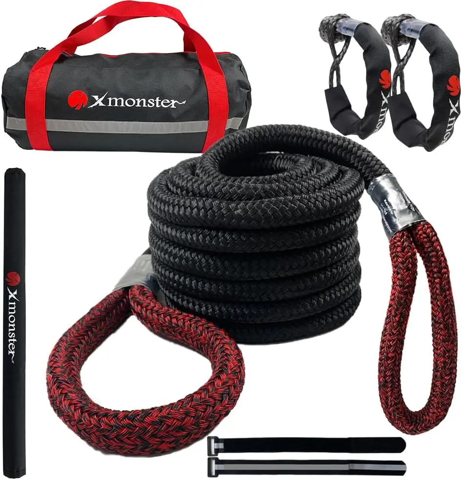 

7/8" x 30' Kinetic Recovery Rope - 29,000lbs Breaking Strength Heavy Duty Snatch Rope with 2 Soft Shackles and Carrying Bag