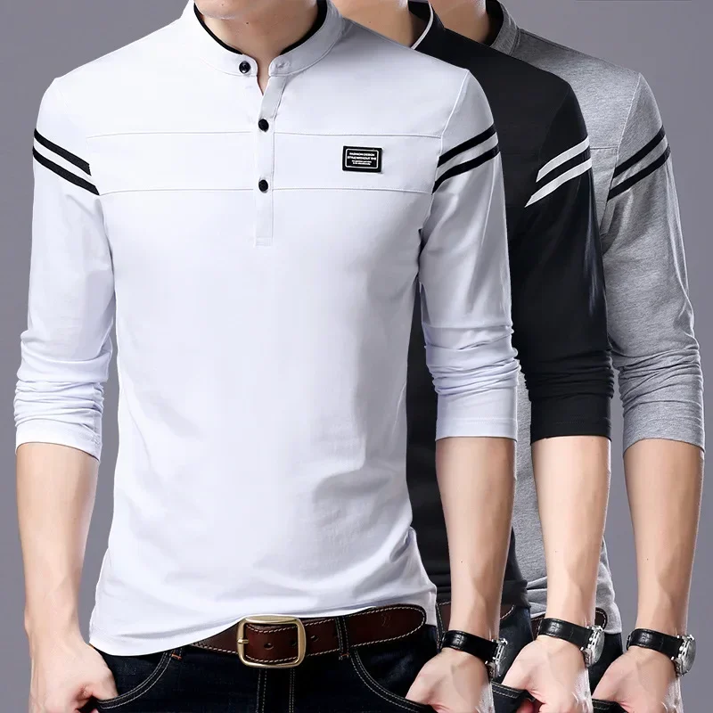 Casual Men T Shirt Button Neck Collar Long Full Sleeve Tshirt Male Business Fashion Classic Cotton Slim Fit Elegant T-Shirt Tops