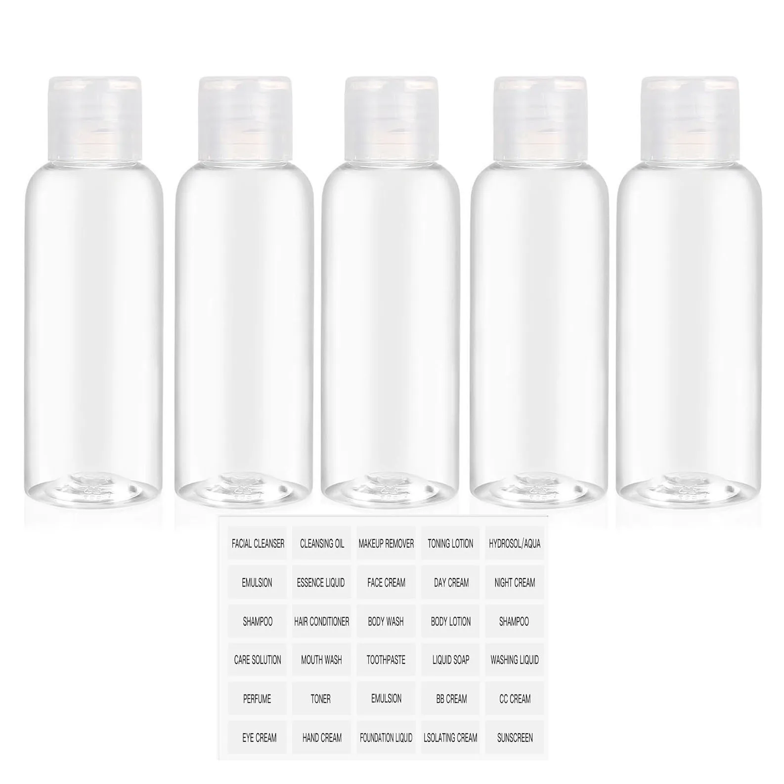 5PCS 100ML Refillable Empty Plastic Transparent Bottle with Flip Cap Portable Squeeze Shampoo Conditioner Travel Bottles