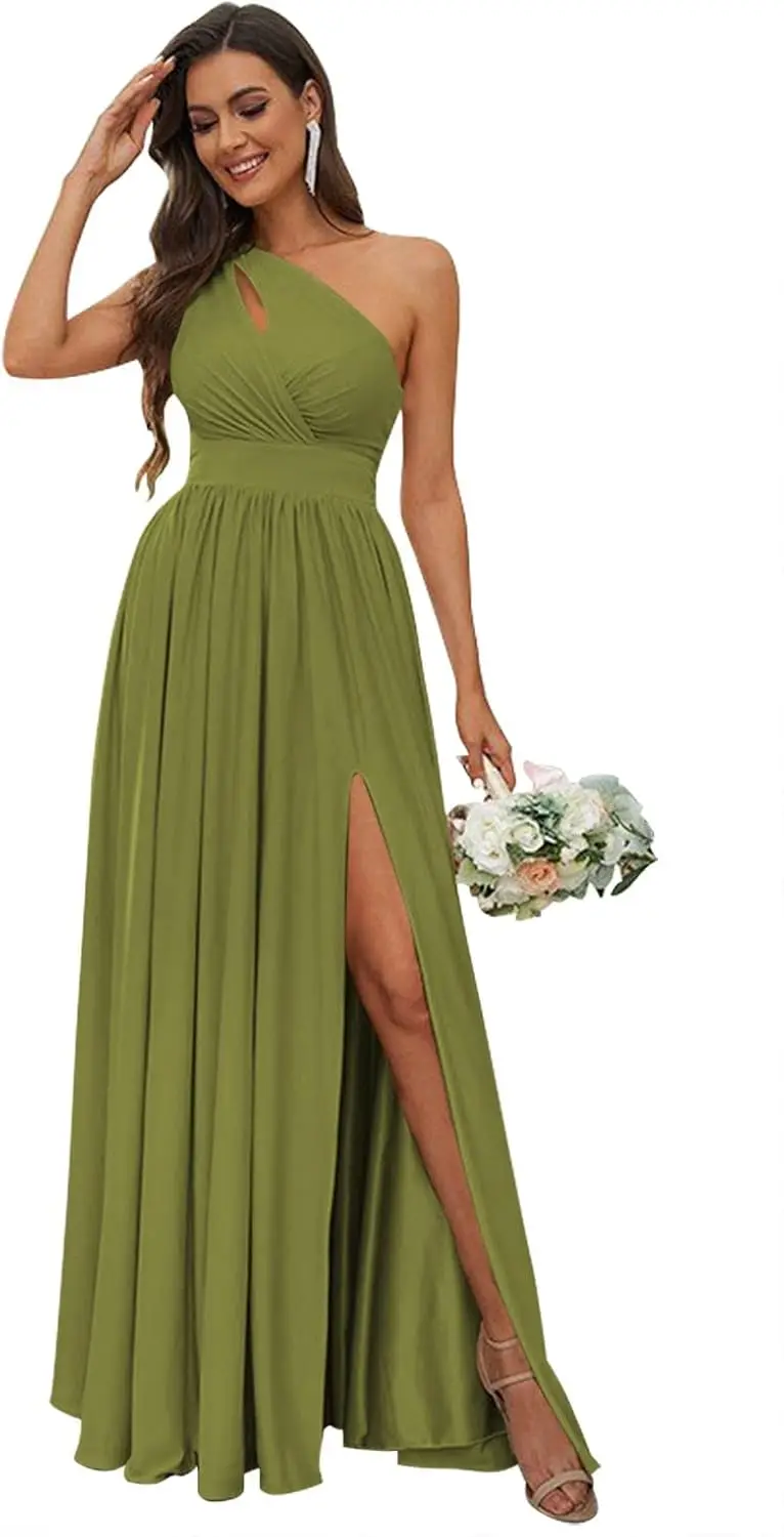 Elegant One-Shoulder Hollow out Long Bridesmaid Dress with Slit for Wedding Formal Attire Gentle Style Women's Gown
