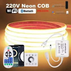 COB LED Neon Strip Rope Light Wall Touch Wifi Bluetooth 23key Remote Control Power Kit 220V 240LED with IC Flex Tape Waterproof