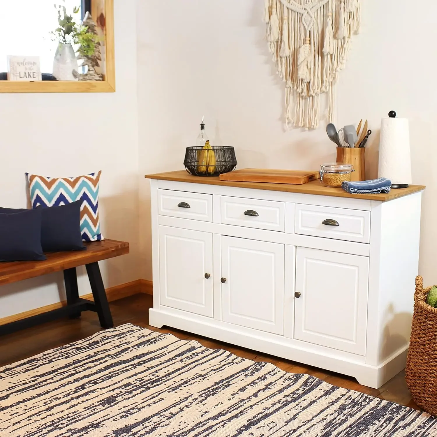 Solid Pine Sideboard Cabinet with 3 Drawers and 3 Doors - Features Adjustable Inner Cabinet Shelf - Zinc Alloy Hardware - White