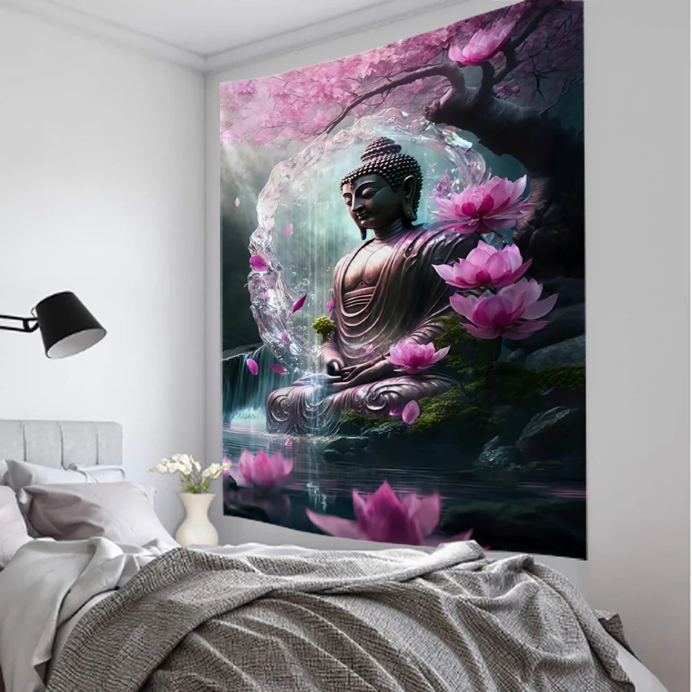 Religious Buddha Lotus tapestry wall hanging psychedelic wall art decoration Buddha statue sculpture living room home decoration