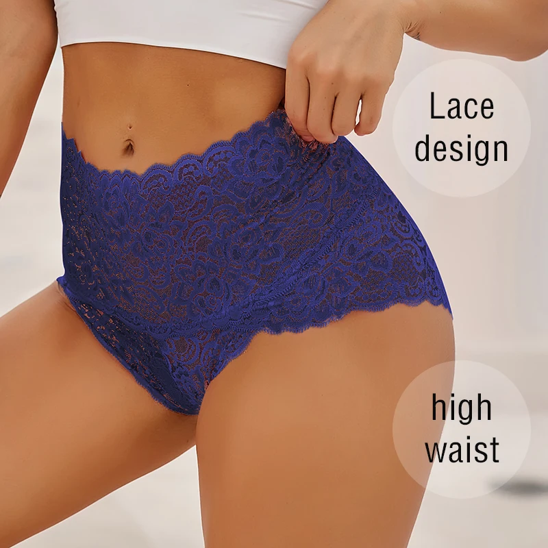 5pcs Floral Sexy Lace Women Panties High Waisted Breathable Scallop Trim Stretch Ladies Briefs Comfortable Female Intimates