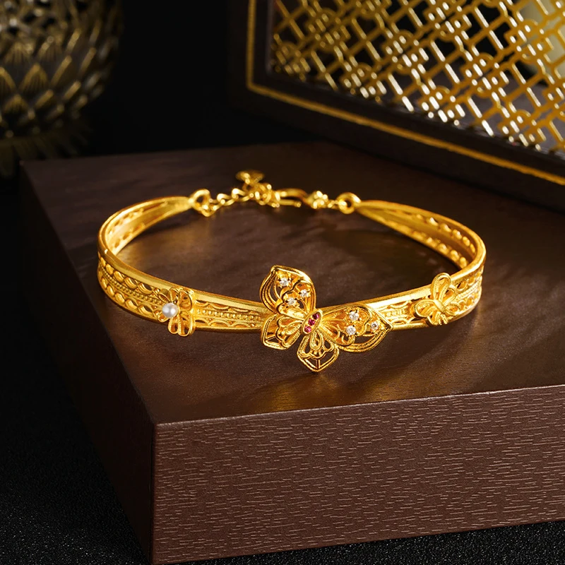 100% Real 24K Gold Hollow Butterfly Bracelet, AU999 Solid Gold with Diamond, Vintage Luxury Jewelry for Women