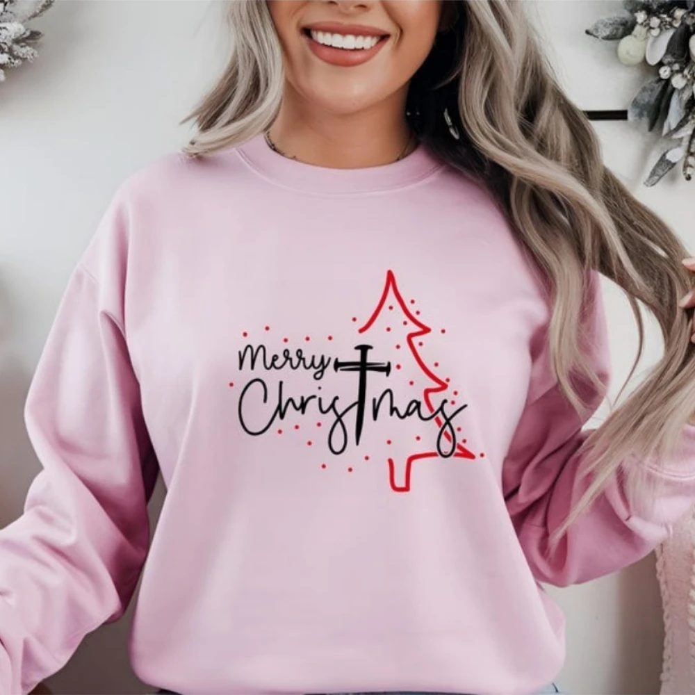 Frohe Weihnachten Sweatshirt Christian Cross Tree Hoodie Religiöses Weihnachtsgeschenk Glaube Weihnachtsgeschenk Hoodies Damenbekleidung