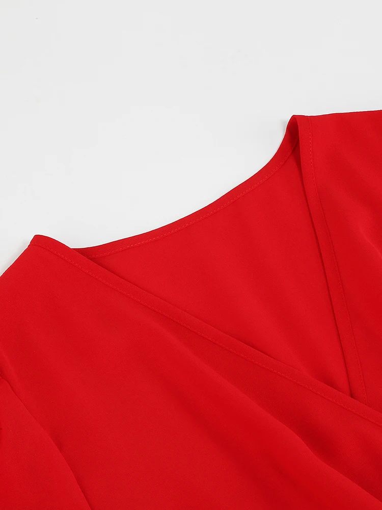 Tonval V-Neck Elegant Tea Dress 2024 Autumn Clothes for Women Bishop Sleeve Elastic Waist Pleated Solid Plain Long Dresses