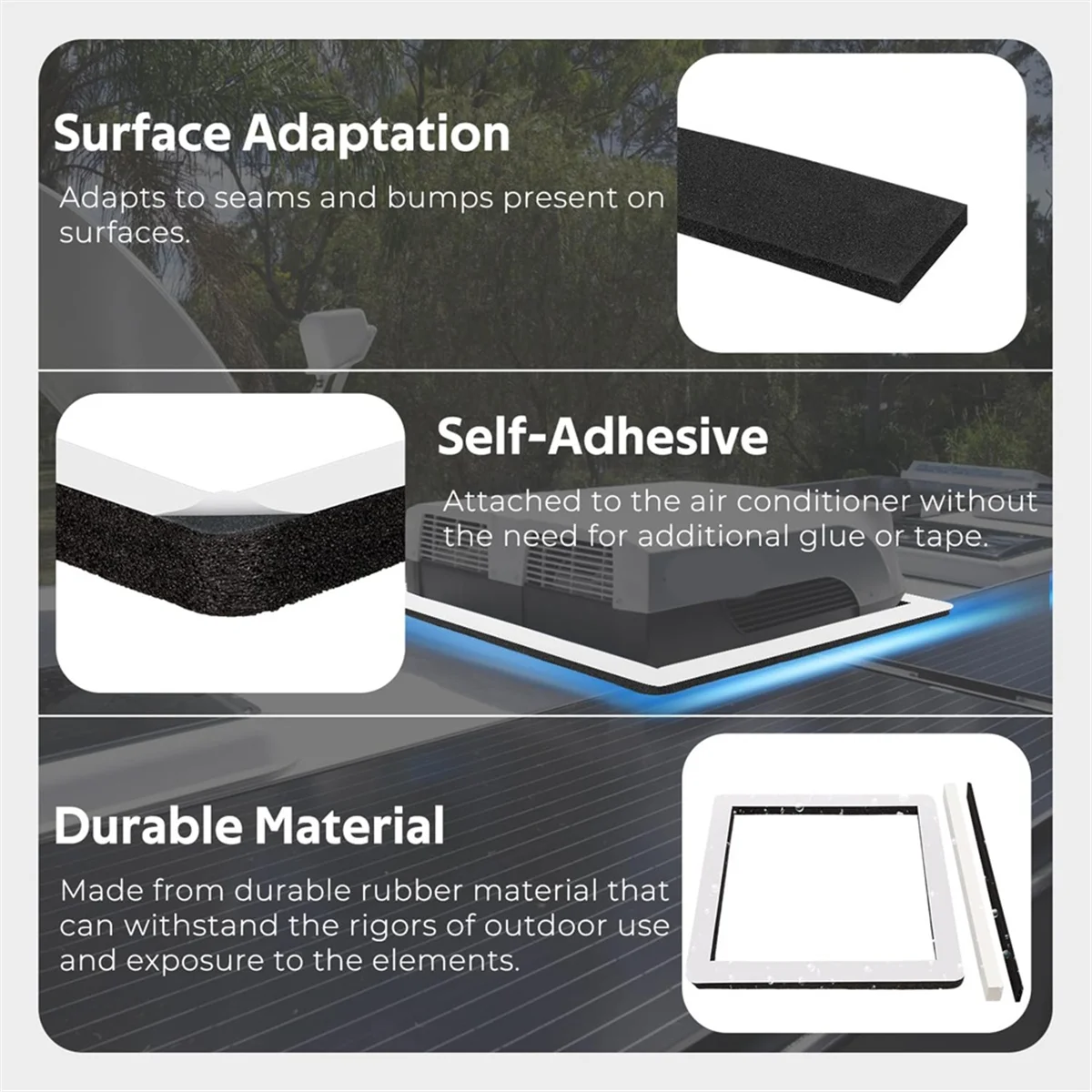 

HOT 25071 RV & Roof Air Conditioner Gasket Kit, Self-Adhesive Picture Frame Gasket & Self-Adhesive Leveling Pads