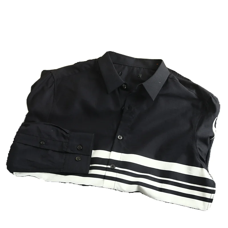 Alta qualidade algodão penteado longo sve masculino casual listrado irt cor tecido proc suporte ajuste primavera verão faion