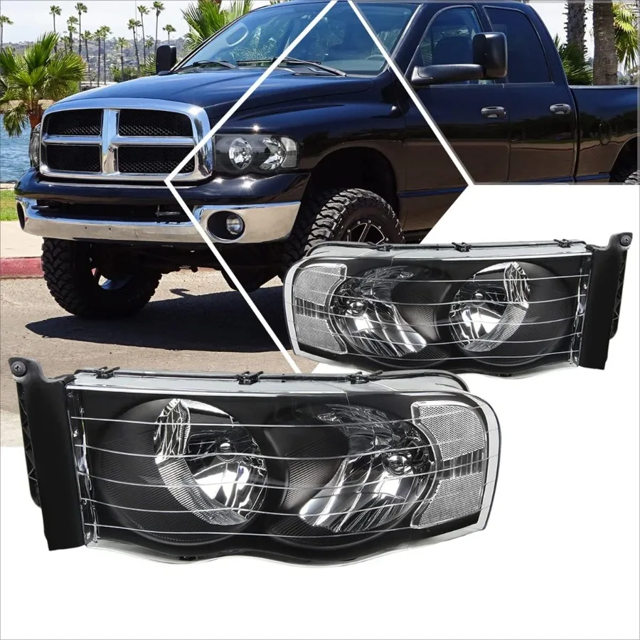 

2Pcs Replacement Headlights Assembly Compatible with Dodge Ram 0205 Headlamps with Black Housing Clear Corner