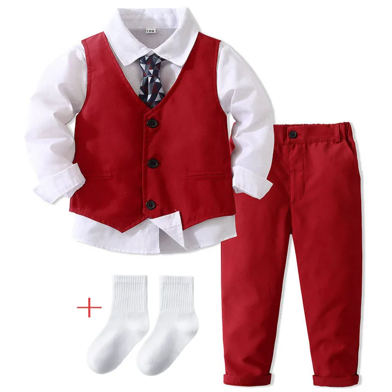 Baby Boys Formal Clothes Suit Long Sleeve Tie Shirt Vest Trousers Gentleman 4 Piece set Kids Birthday Wedding Party Performance