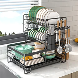 Dish Drying Rack 3 Tier Large Dish Drying Rack for Kitchen Counter with Drainboard Stainless Steel Dish Drainer for Dish Cup