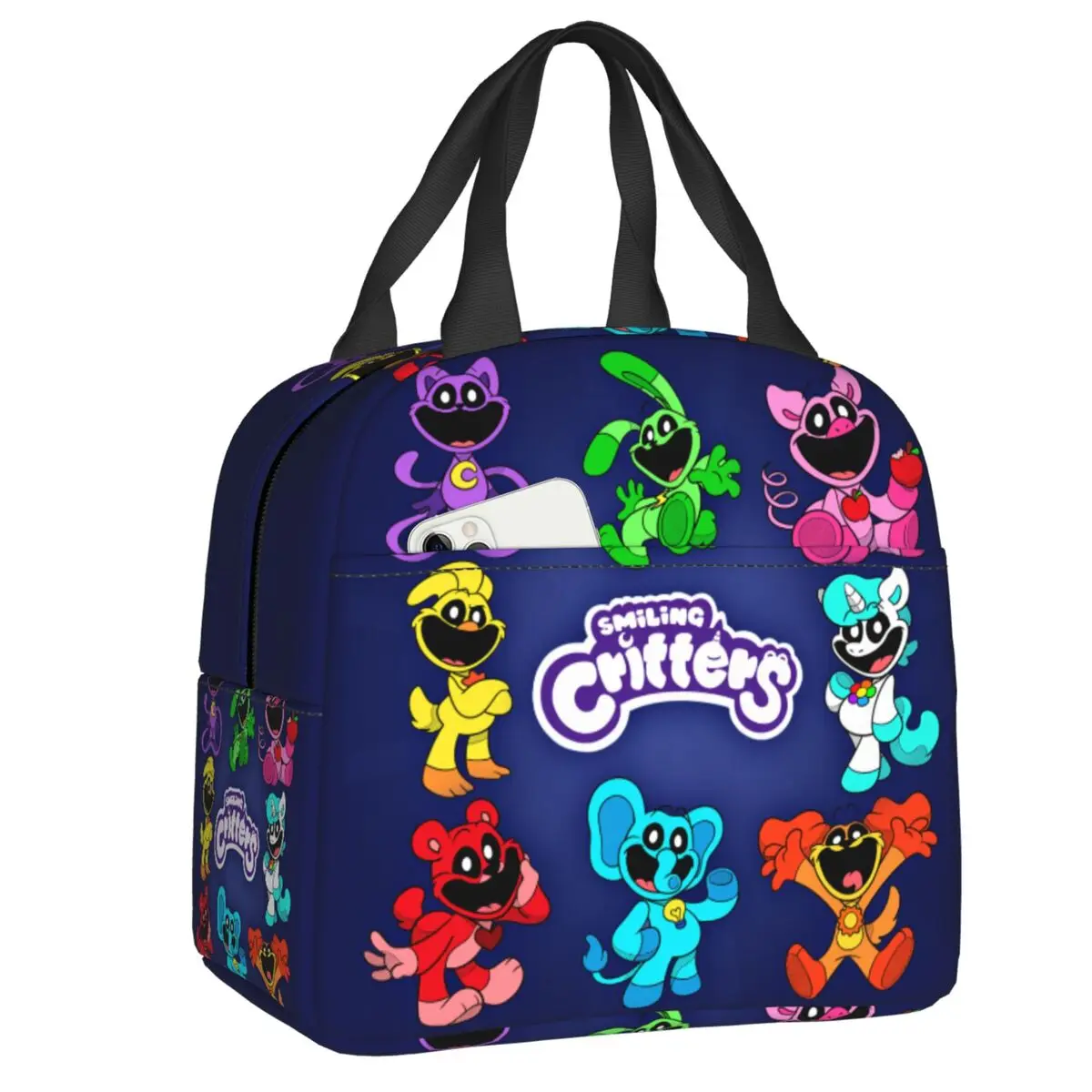 

Custom Smiling Mouth Critters Group Insulated Lunch Bag for Women Resuable Game Cooler Thermal Lunch Box Office Work School