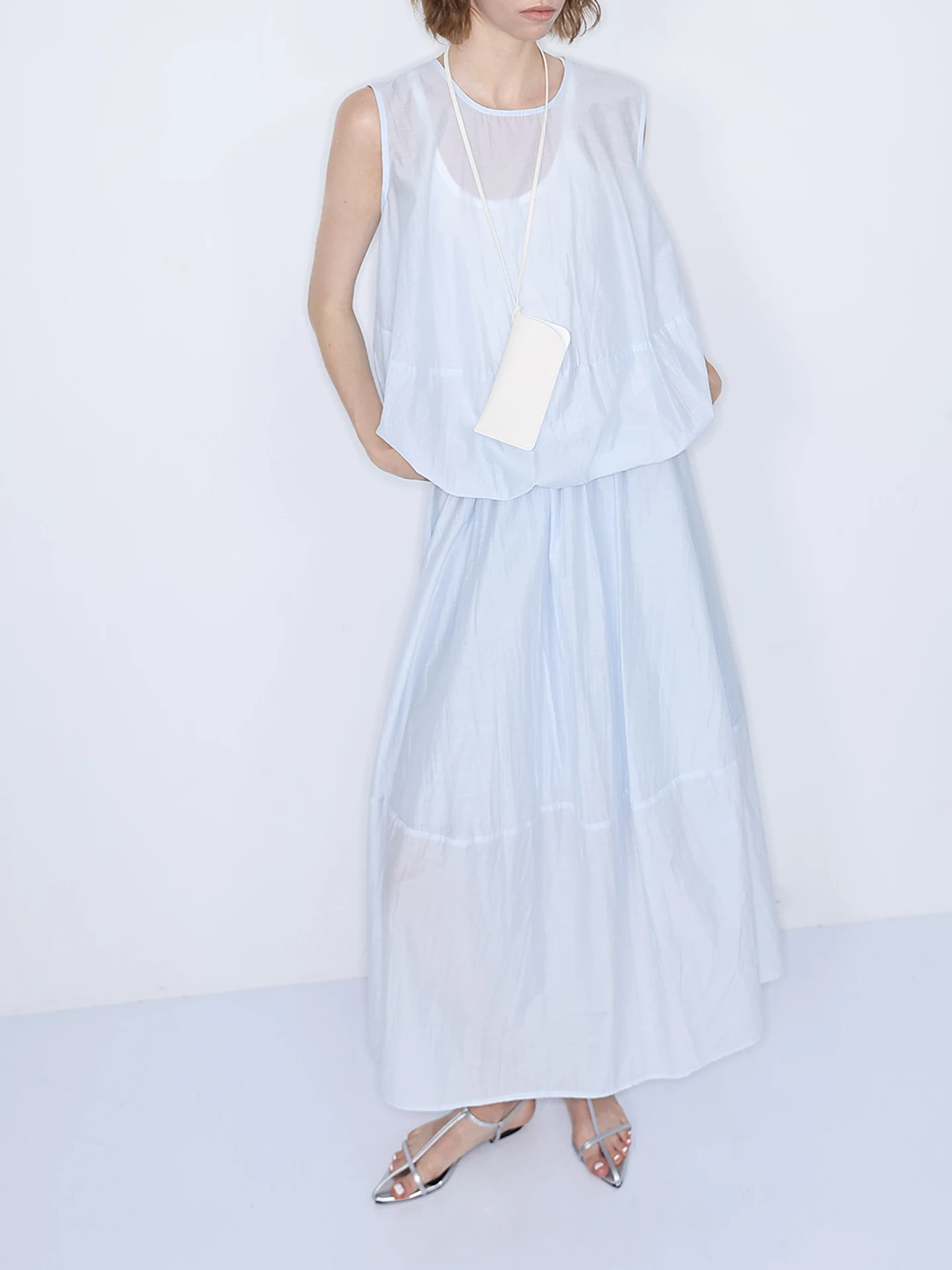 

JDE Blue Casual Lazy Sle Pure Cotton Two-Piece Set Women Summer Svel Top Me A-Line Skirt Faionable Ensemble