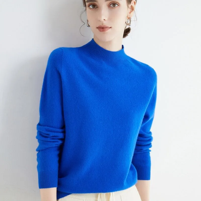 Suéter de caxemira de lã feminino, gola meia alta, vestuário de primeira linha, malha solta, manga comprida, blusa monocromática, pulôver,
