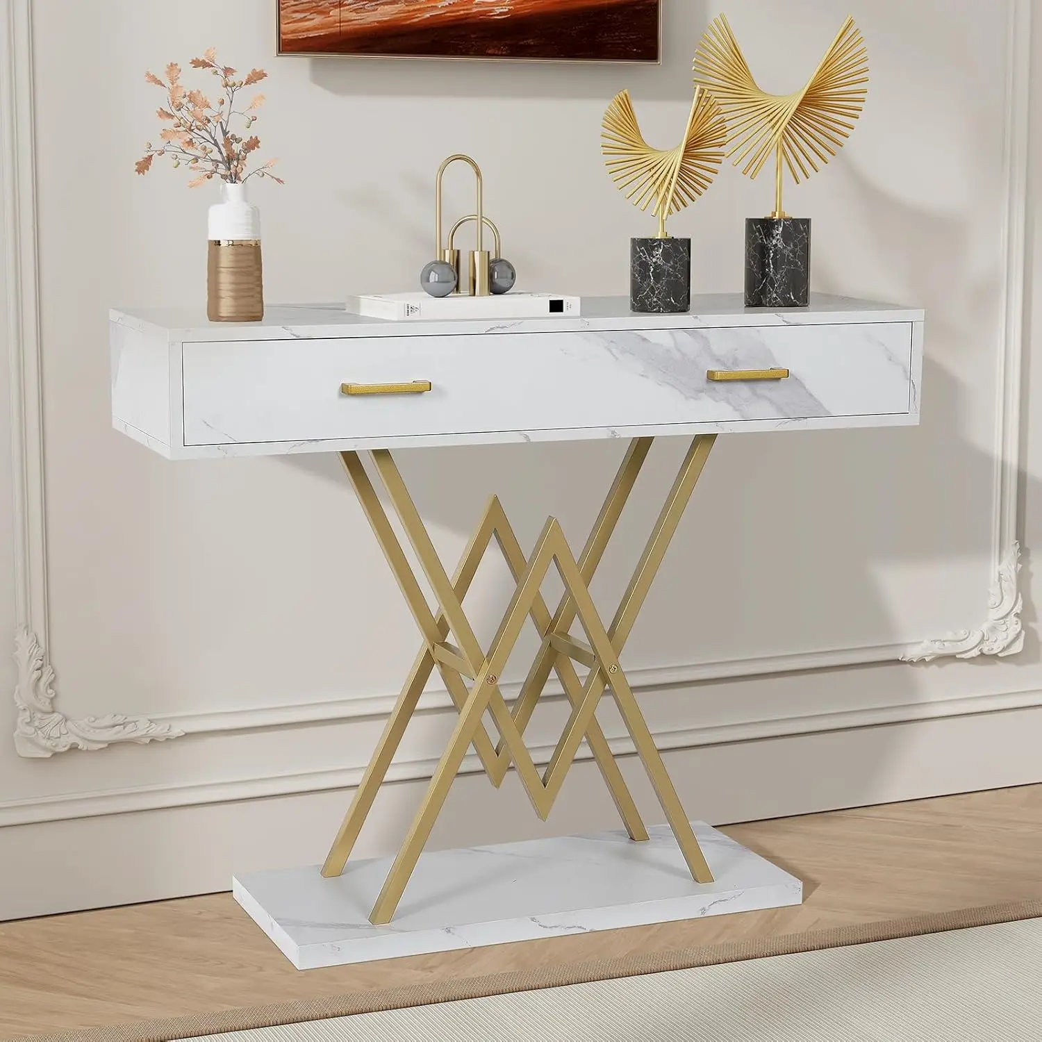 

Console Table with Drawer White and Gold Modern Entryway Desk with Storage 39’’ Entry Hallway Stand with Faux Marble Veneer Tabl