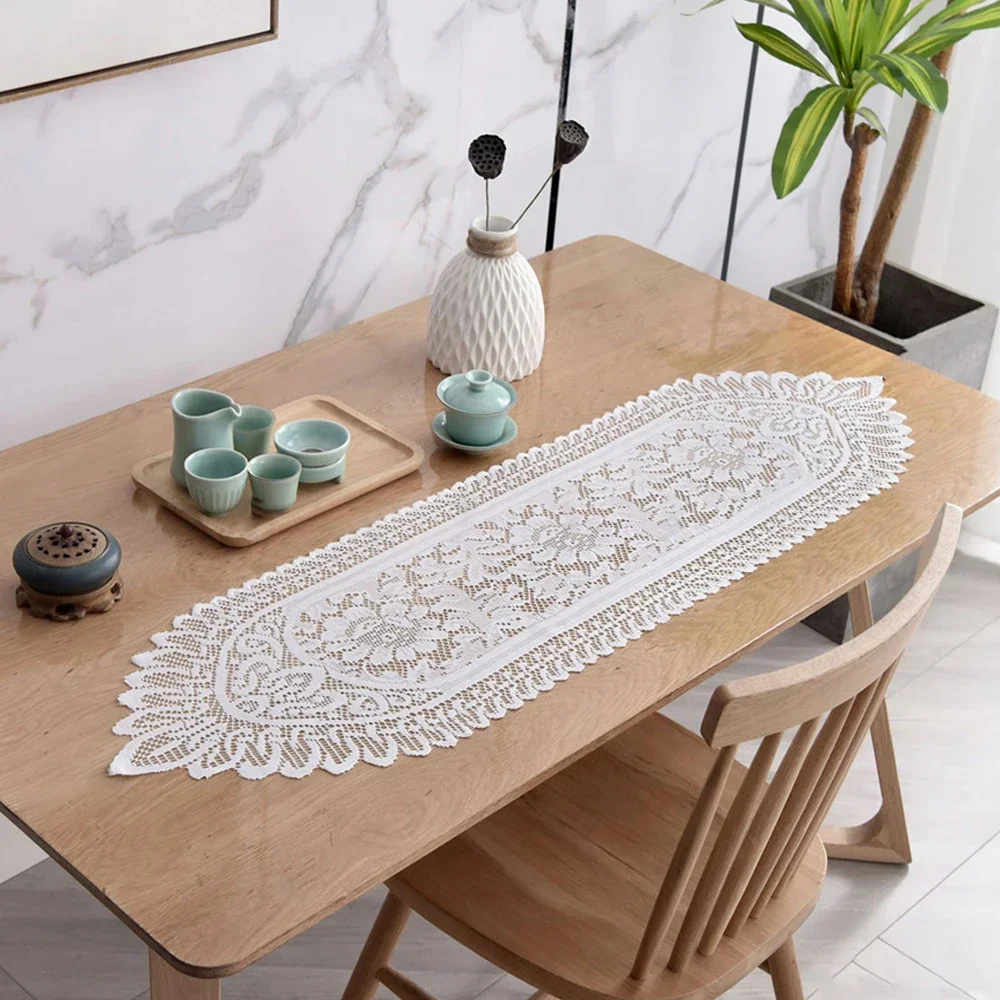 Rectangular Lace Table Runner White Cotton Table Dresser for Dining Coffee Tea End Tables Doilies Cover Home Wedding Party Decor