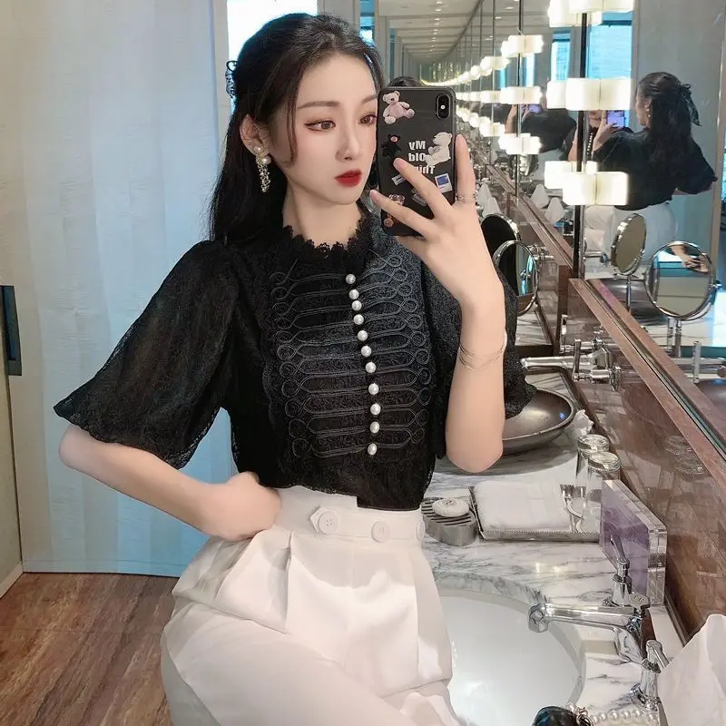 2024 New Temperament Women\'s Clothing Slim Solid Color Ladies Short Sleeve Tops Summer Fashion Bright Line Decoration Blouses