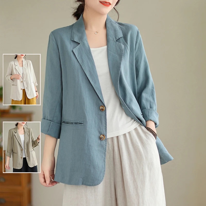 Costume artistique en coton et lin de couleur Pure, coupe ample, col décontracté pour femmes, haut grande taille pour l'automne