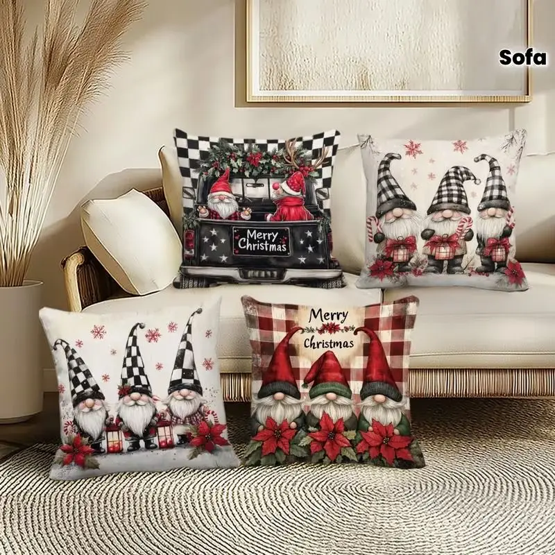 VIKAMA 4Pcs Gnome Christmas Pillow Covers Buffalo Check Vintage Truck Dwarf Print Cushion Cases Xmas Sofa Decor No Insert
