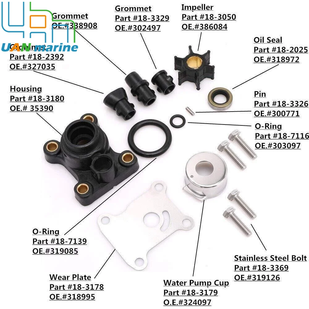 394711 Waterpomp Waaier Service Kit Voor 1974-2007 Johnson Evinrude Omc 8pk 9,9pk 15pk Buitenboordmotor 0394711 394711 18-3327