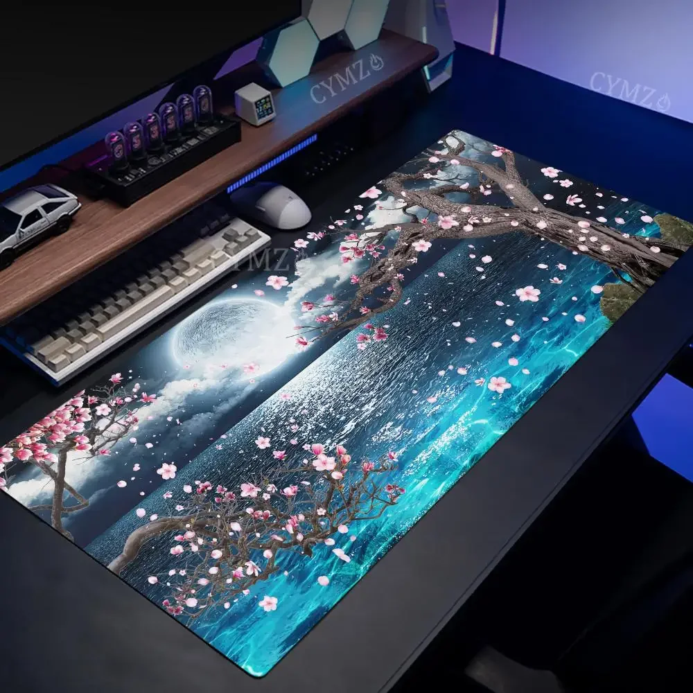 Kirschblüte Mond Landschaft Mauspad Schreibtischmatte Gaming-Matten Gummi rutschfest Langlebiges Schreibtischzubehör Tastatur Desktop-Pad Teppich