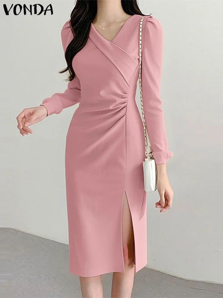 5XL Abiti da donna Manica lunga Lavoro Vestito estivo Elegante Autunno Robe Plus Size VONDA 2025 Casual Office Lady Split Abiti a pieghe