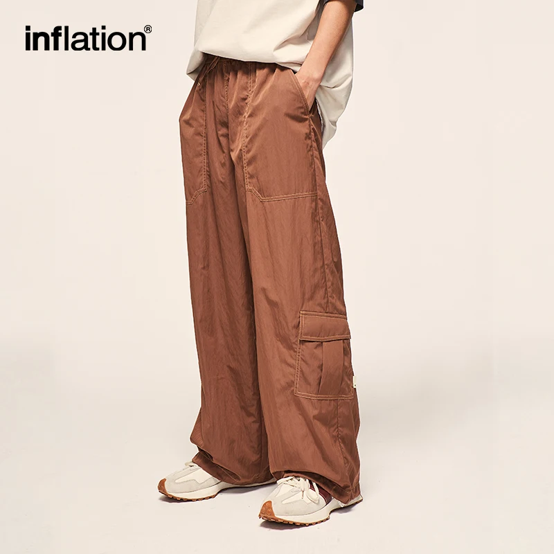 INFLATION Multi Pockets Wide Leg Cargo Pants Men Loose Fit Elastic Waist Track Pants Male Casual Trousers