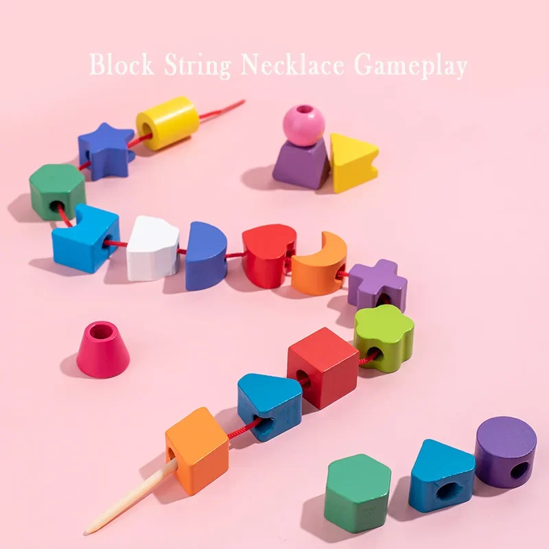 어린이용 다채로운 색깔 분류 장난감 무지개 기둥 모양 끈 연결 맞추기 교육용 나무 장난감 세트
