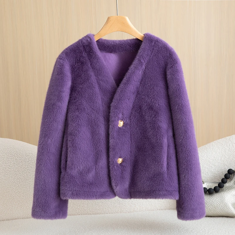 

Women's High-Quality Mink Fur-Fur Integration Jacket V-Neck Light Luxury Autumn Winter Overcoat Ladies Top