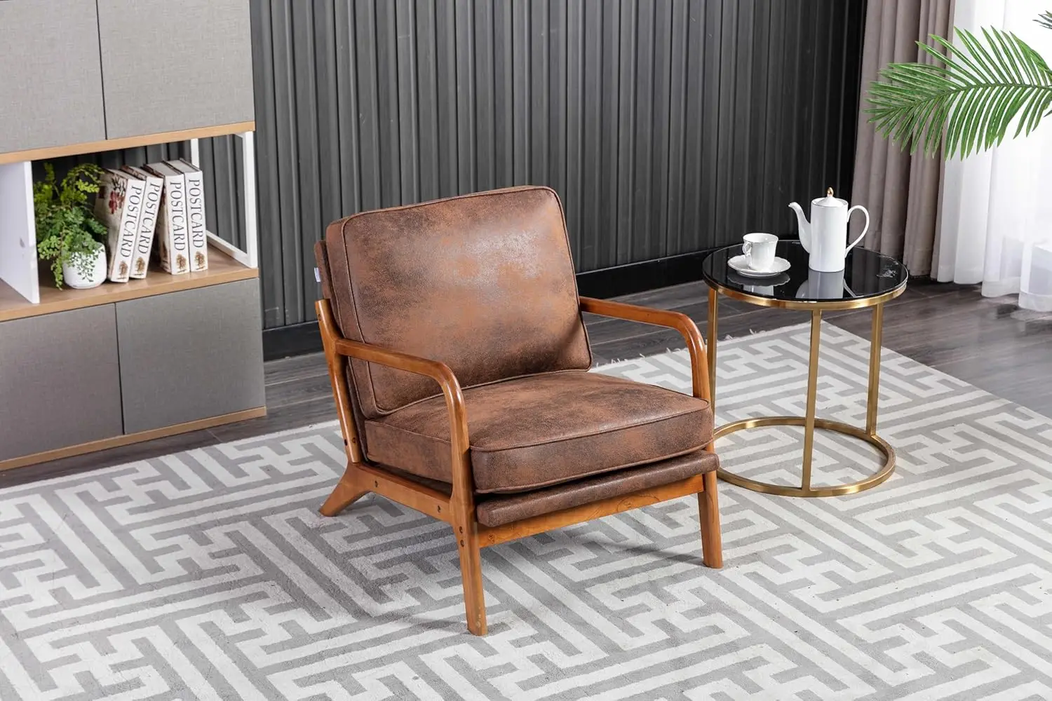 Accent Chair, Mid-Century Modern Armchair with Solid Wood Frame for Living Room Bedroom Belcony (Coffee + Microsuede)