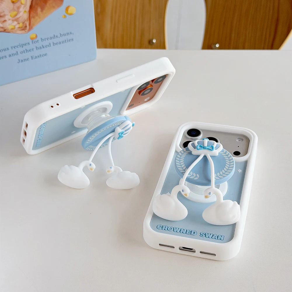 Niedliche 3D-Kronen-Handyhülle aus weichem Silikon für iPhone 17 16 15 14 13 12 Pro Max mit Ständer und Schwan-Anhänger – Detail 7